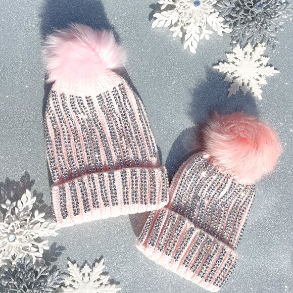 Silver Rhinestone Faux Fur Pom Pom Winter Ski Beanie main image 5